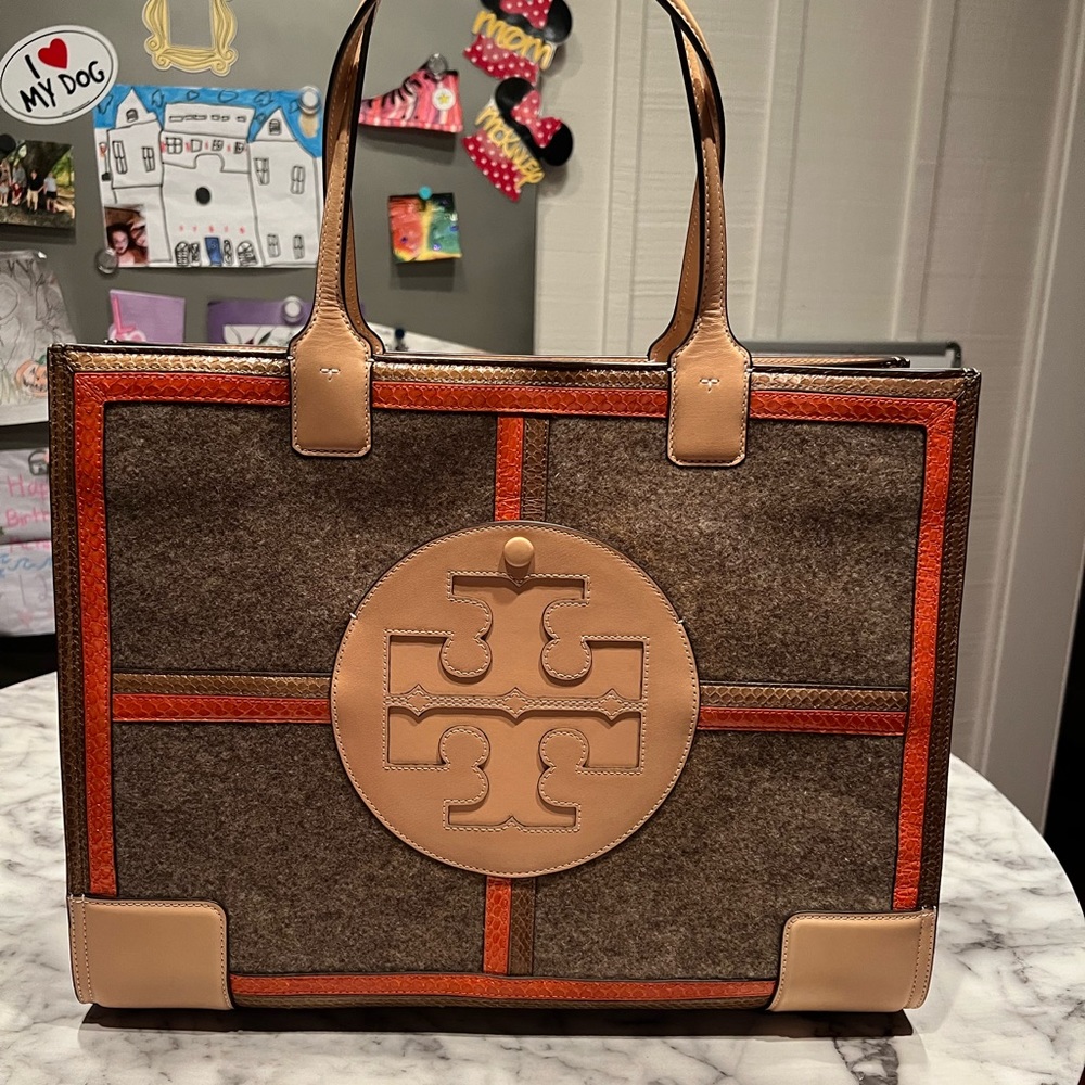 Tory Burch felt leather trimmed tote orange
